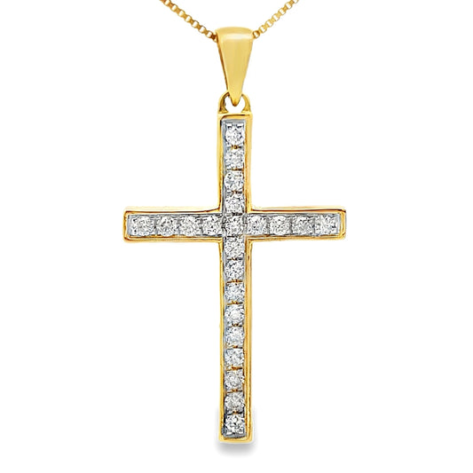 Colgante religioso de cruz con diamante de .22 ct en oro amarillo de 14 K