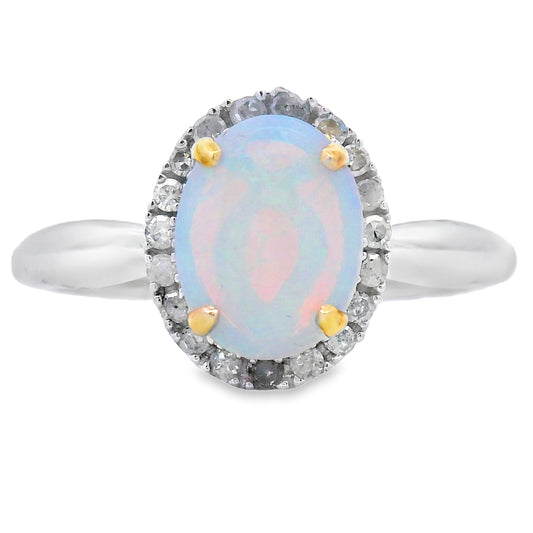 Anillo de diamantes con ópalo natural de 0,95 ct, oro blanco de 10 qt