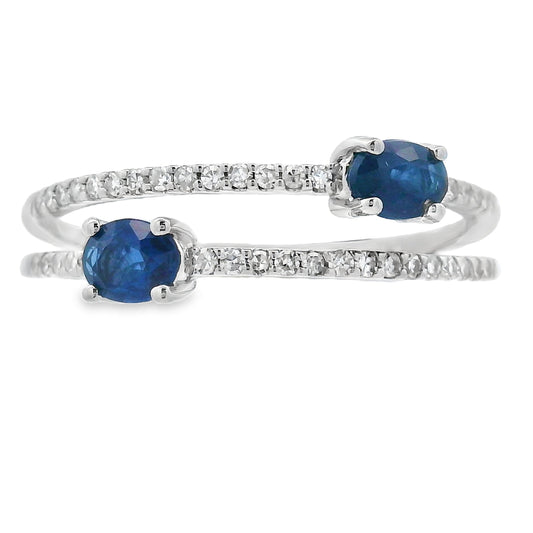 Anillo de zafiro y diamantes de .61ct natural, oro blanco de 14K