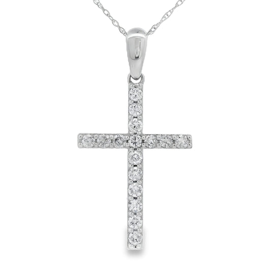 Colgante religioso de cruz con diamante de .45 ct en oro blanco de 14 kt
