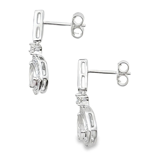 Aretes Colgantes de Cuarzo Rosa y Oro Blanco de 10KT