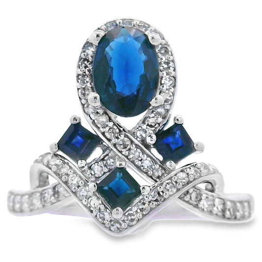 Anillo de zafiro y diamante natural de 1,48 ct en oro blanco de 10 kt