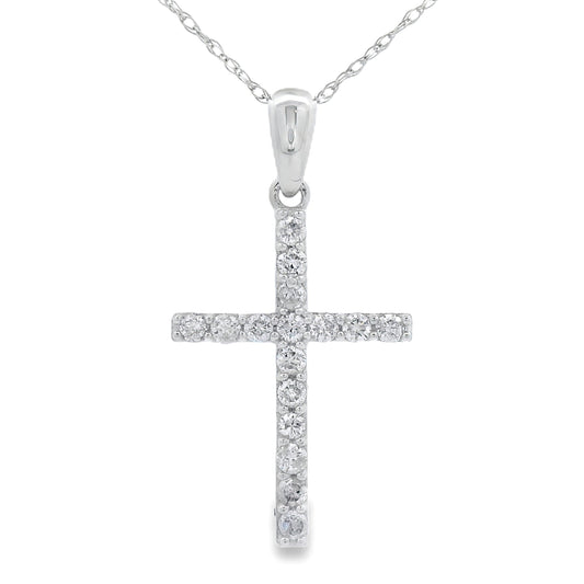 Colgante de cruz religiosa con diamante de 0,25 ct en oro blanco de 14 kt