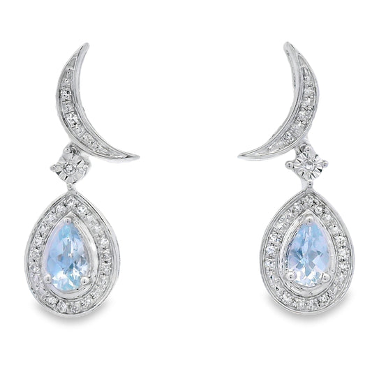 Pendientes Colgantes de Aguamarina y Diamantes Oro Blanco de 10KT