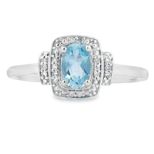 Anillo de oro blanco de 10 qt con aguamarina de 0,45 ct y diamantes genuinos