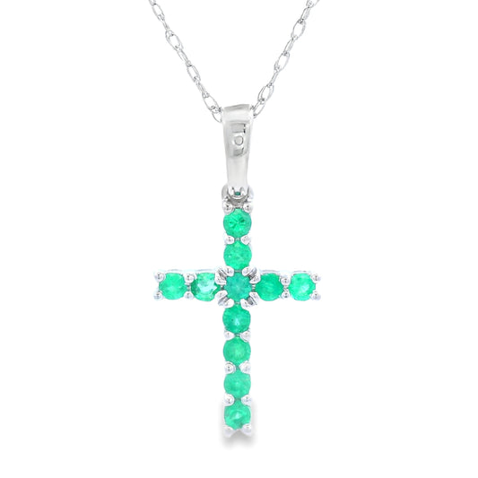 Colgante religioso de cruz con esmeralda de 0,20 ct en oro blanco de 14 K