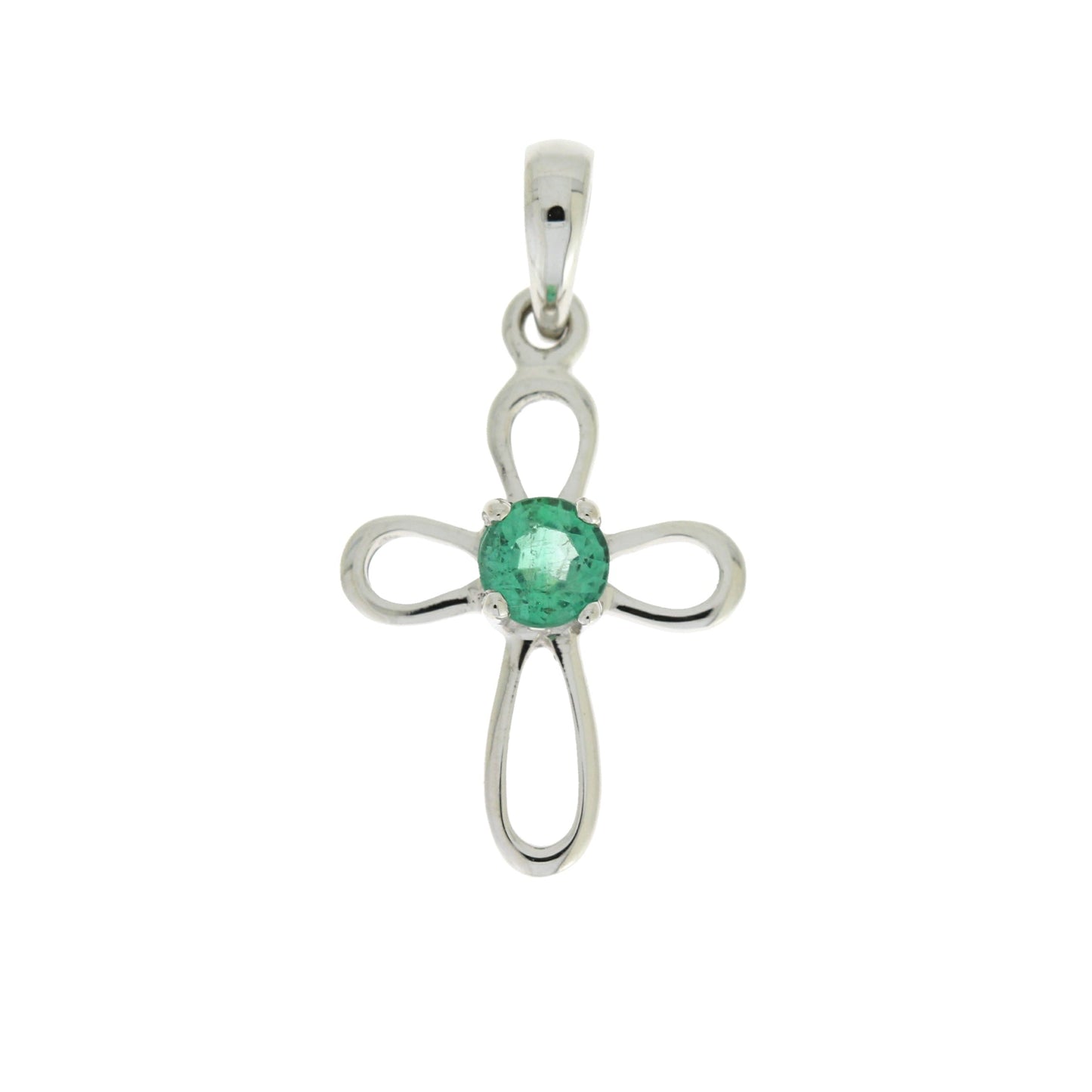 Colgante religioso de cruz con esmeralda de .19ct en oro blanco de 10KT