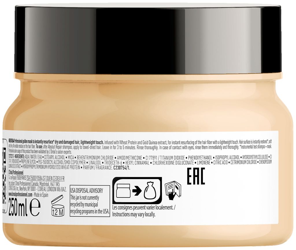 L'Oreal Professionnel, Serie Expert Absolut Repair Golden, Protein + Gold Quinoa, Hair Treatment Cream Mask, Instant Resurfacing, 250 ml