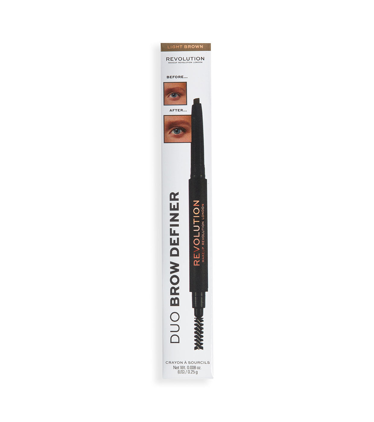 Makeup Revolution, Duo Brow Definer Pencil, Eyebrow Cream Pencil & Brush 2-In-1, Light Brown, 0.25 g