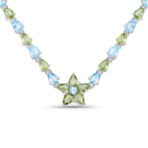 Collar de plata de ley .925 con topacio azul y peridoto auténticos de 29,48 quilates