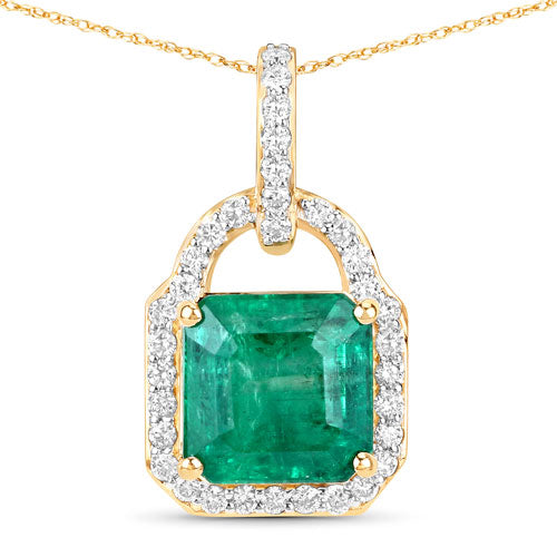 IGI Certified 3.37 Carat Genuine Zambian Emerald and White Diamond 14K Yellow Gold Pendant