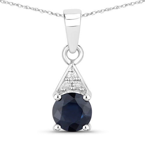 0.88 Carat Genuine Blue Sapphire and White Diamond 10K White Gold Pendant