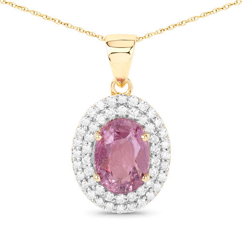 Colgante de oro amarillo de 14 quilates con zafiro rosa genuino de 2,53 quilates y diamantes blancos