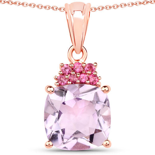 Colgante de plata de ley .925 bañado en oro rosa de 18K con amatista rosa genuina y rodolita de 5.55 quilates