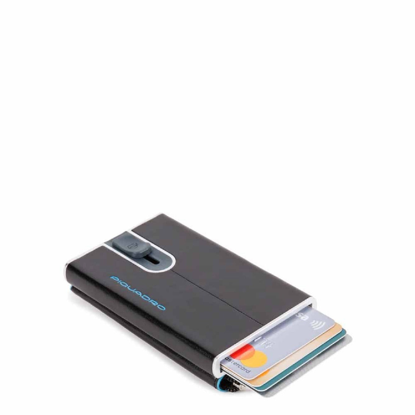 Piquadro, Blue Square, Leather Card Holder, Square Sliding System with Zipped Coin Pocket, PP5359B2R-N, Black