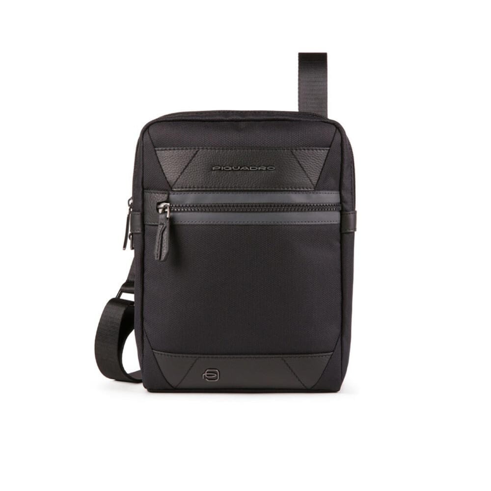 Piquadro, Trakai, Leather & Fabric, Small, Textile Crossbody Bag, Black, 27 x 21 x 5 cm, For Men