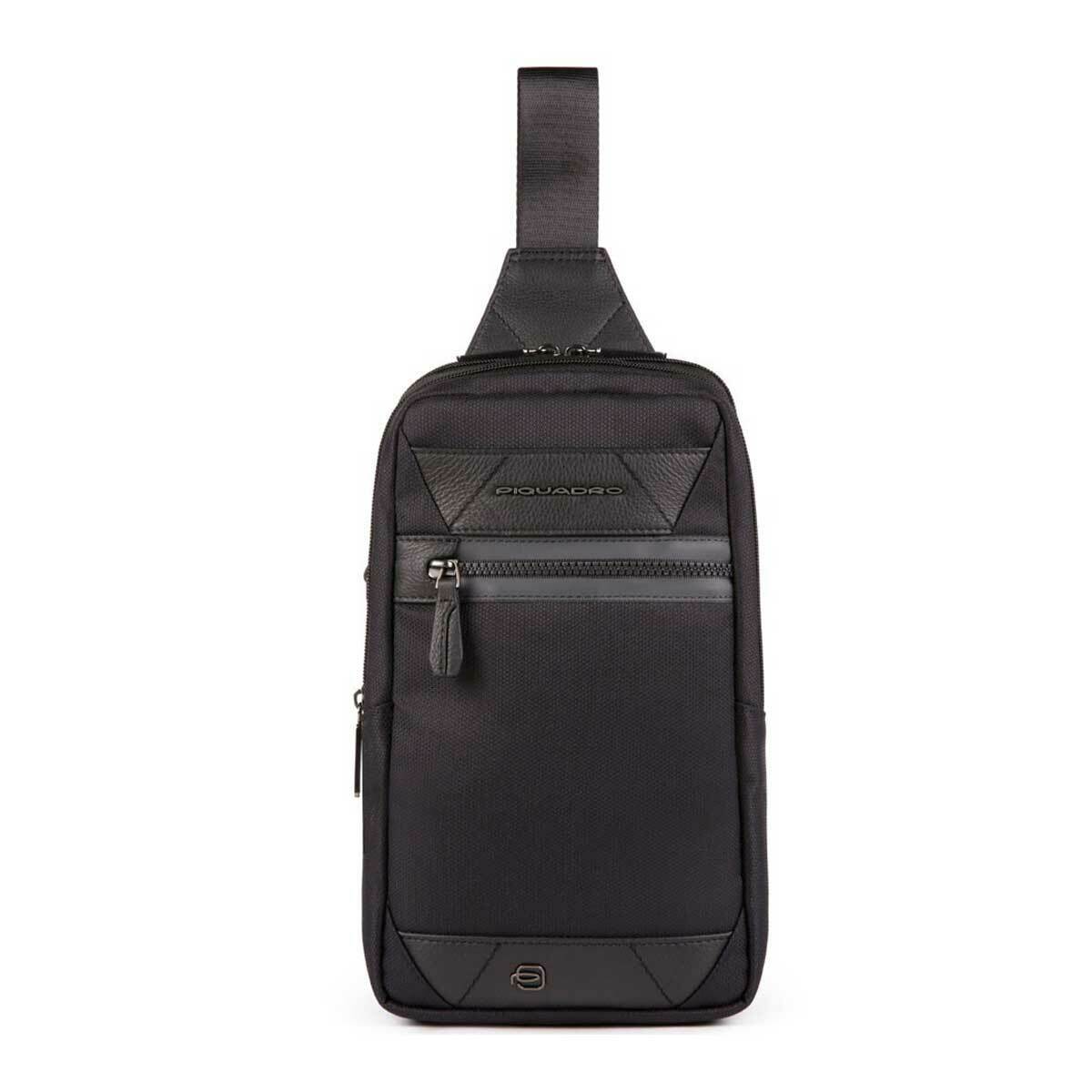 Piquadro, Trakai, Leather & Fabric, Mono Sling, Textile Crossbody Bag, Black, 42021990, 31 x 18 x 7 cm, For Men