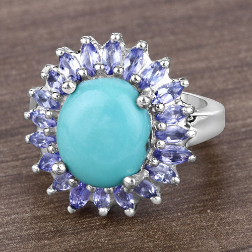 Anillo de plata de ley .925 con larimar y tanzanita genuinos de 6.10 quilates