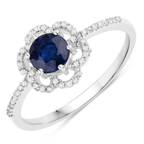 Anillo de oro blanco de 14K con zafiro azul auténtico de 0,78 quilates y diamante blanco