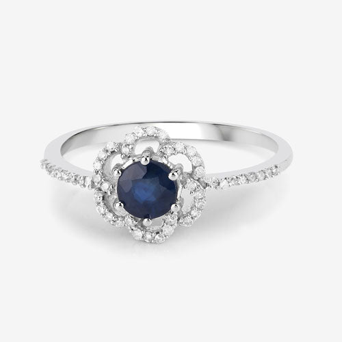 Anillo de oro blanco de 14K con zafiro azul auténtico de 0,78 quilates y diamante blanco