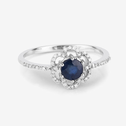 Anillo de oro blanco de 14K con zafiro azul auténtico de 0,78 quilates y diamante blanco