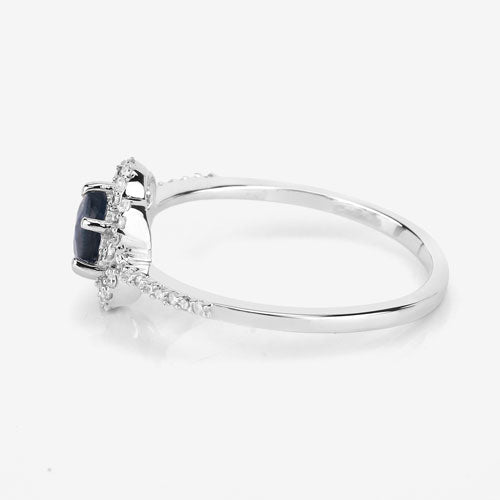 Anillo de oro blanco de 14K con zafiro azul auténtico de 0,78 quilates y diamante blanco