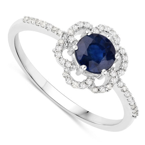 Anillo de oro blanco de 14K con zafiro azul auténtico de 0,78 quilates y diamante blanco