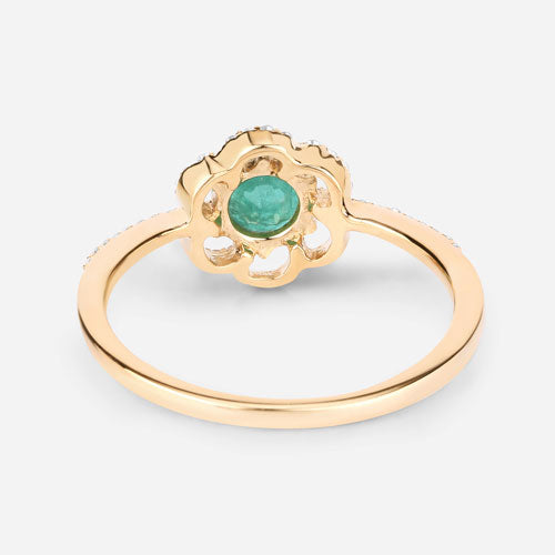 Anillo de oro amarillo de 14 quilates con esmeralda zambiana genuina de 0,55 quilates y diamante blanco