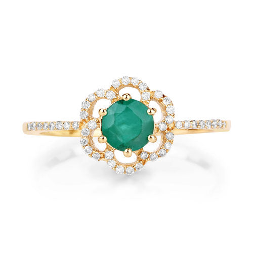 Anillo de oro amarillo de 14 quilates con esmeralda zambiana genuina de 0,55 quilates y diamante blanco
