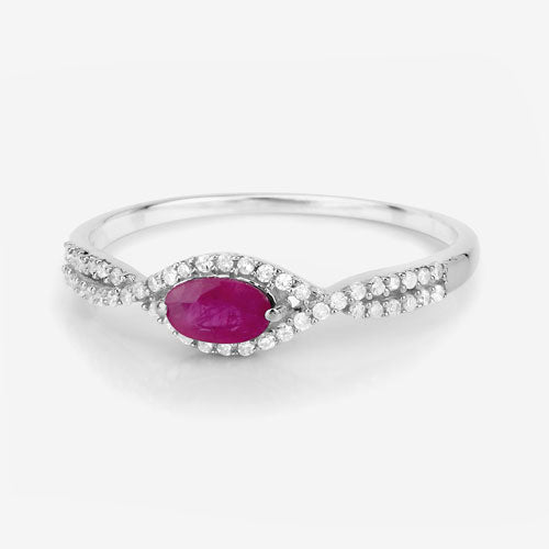 Anillo de oro blanco de 14K con rubí auténtico de 0,40 quilates y diamantes blancos