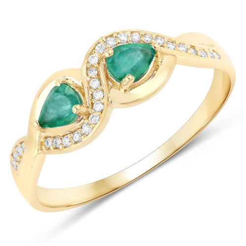 Anillo de oro amarillo de 14 quilates con esmeralda zambiana auténtica de 0,35 quilates y diamantes blancos