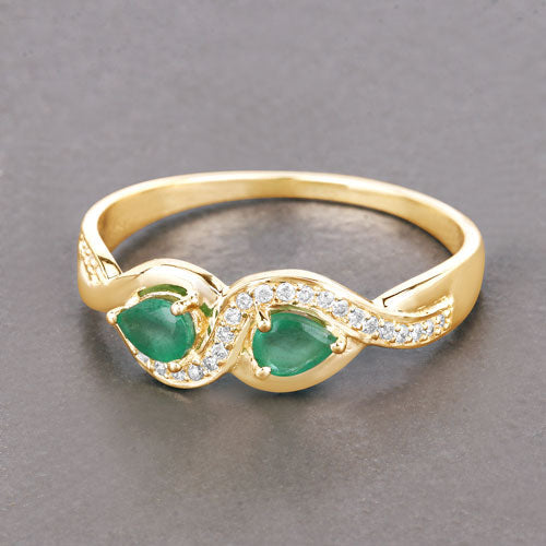 Anillo de oro amarillo de 14 quilates con esmeralda zambiana auténtica de 0,35 quilates y diamantes blancos