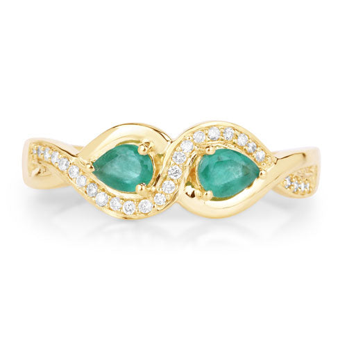 Anillo de oro amarillo de 14 quilates con esmeralda zambiana auténtica de 0,35 quilates y diamantes blancos