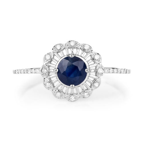 Anillo de oro blanco de 14K con zafiro azul genuino de 0.72 quilates y diamante blanco