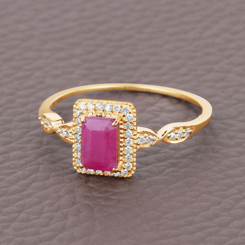 Anillo de oro amarillo de 14 quilates con rubí genuino de 0,75 quilates y diamantes blancos