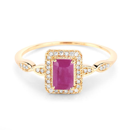 Anillo de oro amarillo de 14 quilates con rubí genuino de 0,75 quilates y diamantes blancos