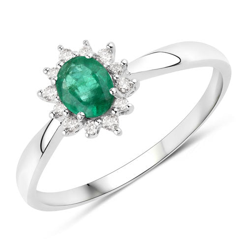 Anillo de oro blanco de 14K con esmeralda zambiana auténtica de 0,40 quilates y diamantes blancos