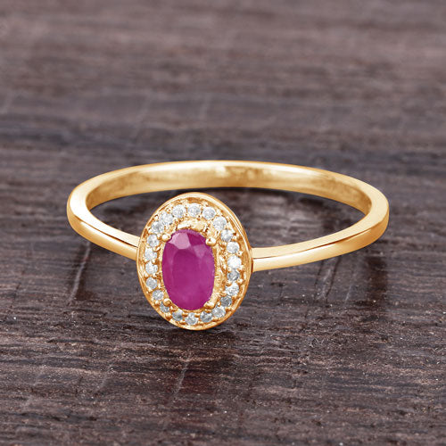 Anillo de oro amarillo de 14 quilates con rubí genuino de 0,33 quilates y diamantes blancos
