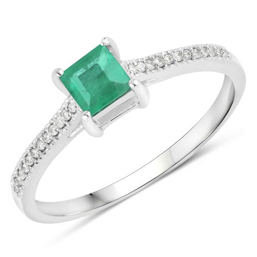 Anillo de oro blanco de 14 quilates con esmeralda zambiana auténtica de 0,67 quilates y diamantes blancos
