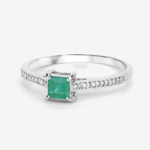 Anillo de oro blanco de 14 quilates con esmeralda zambiana auténtica de 0,67 quilates y diamantes blancos