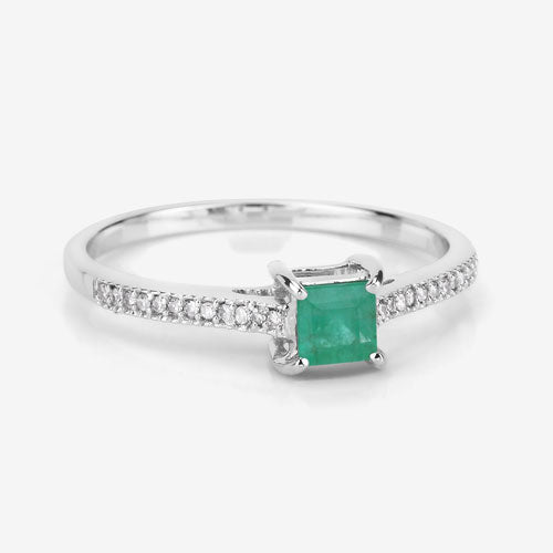 Anillo de oro blanco de 14 quilates con esmeralda zambiana auténtica de 0,67 quilates y diamantes blancos