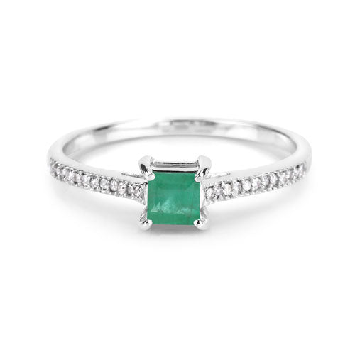 Anillo de oro blanco de 14 quilates con esmeralda zambiana auténtica de 0,67 quilates y diamantes blancos