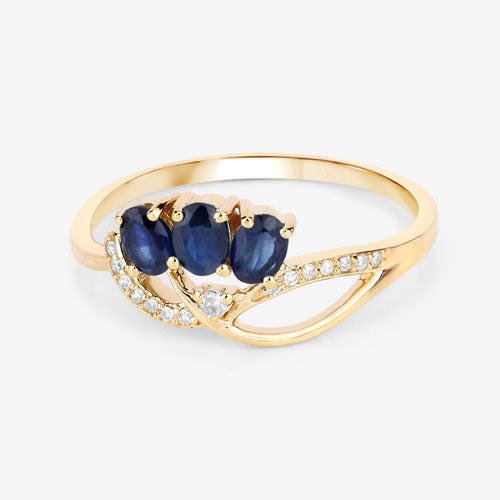 Anillo de oro amarillo de 14K con zafiro azul genuino de 0,65 quilates y diamantes blancos
