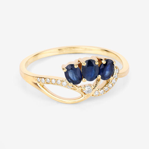 Anillo de oro amarillo de 14K con zafiro azul genuino de 0,65 quilates y diamantes blancos