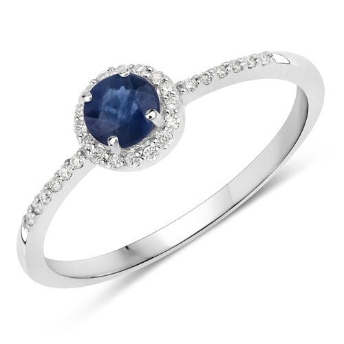 Anillo de oro blanco de 14 quilates con zafiro azul auténtico de 0,38 quilates y diamantes blancos