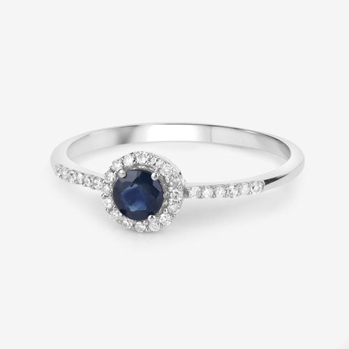 Anillo de oro blanco de 14 quilates con zafiro azul auténtico de 0,38 quilates y diamantes blancos