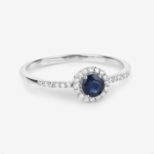 Anillo de oro blanco de 14 quilates con zafiro azul auténtico de 0,38 quilates y diamantes blancos