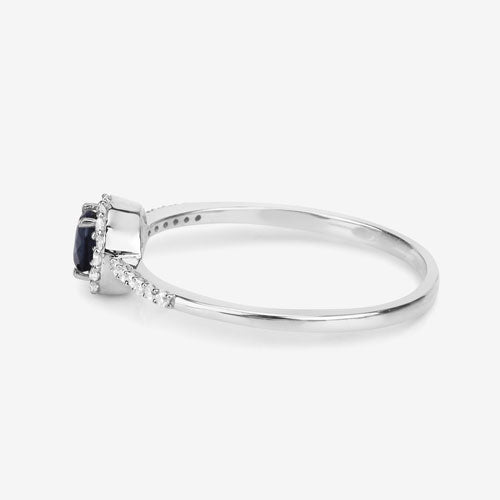 Anillo de oro blanco de 14 quilates con zafiro azul auténtico de 0,38 quilates y diamantes blancos