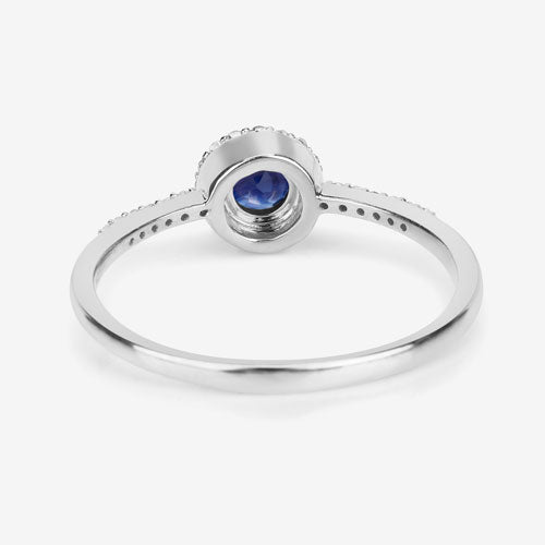 Anillo de oro blanco de 14 quilates con zafiro azul auténtico de 0,38 quilates y diamantes blancos