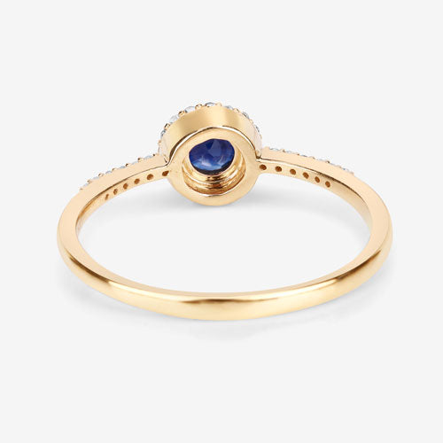 Anillo de oro amarillo de 14 quilates con zafiro azul genuino de 0,38 quilates y diamantes blancos
